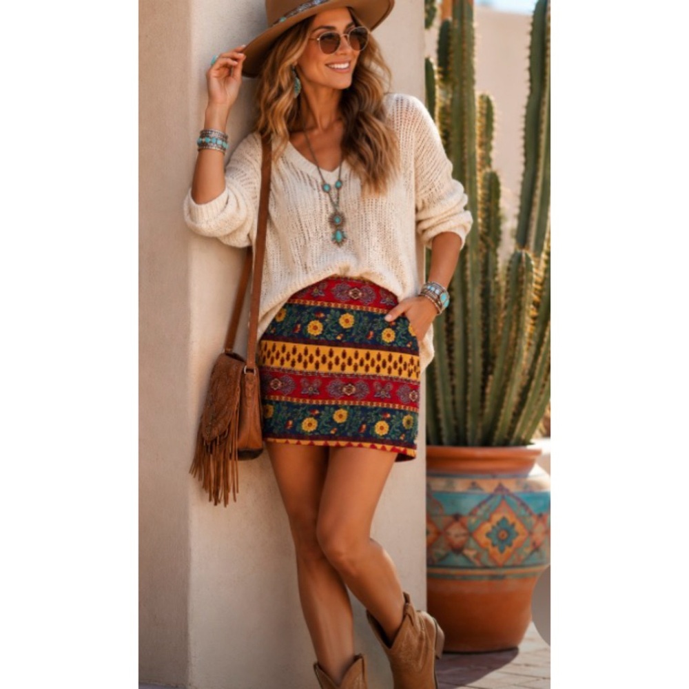Breeches Skirt Casual Colorful Floral Crossover Front Skirt Size 2 Southwestern